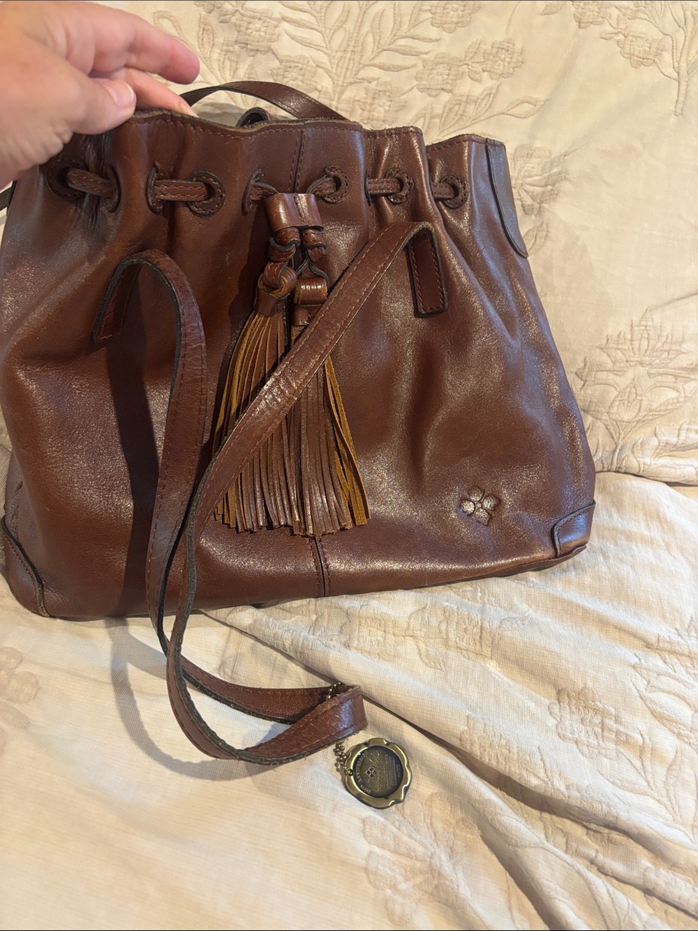Patricia Nash Brown Leather Tassel Drawstring Shoulder Bag